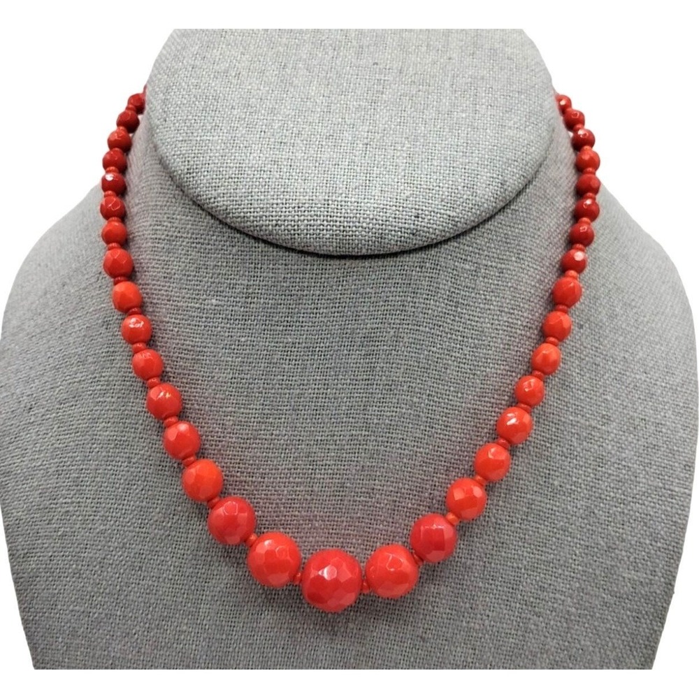 Vintage‎ Germany Glass Beaded Necklace Lipstick Red Faceted Beads Jewelry
